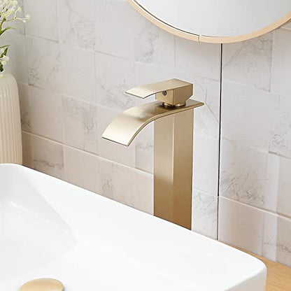 Brushed Gold Bathroom Vessel Sink Faucet Modern Waterfall Vessel Faucet | Stainless Steel Tall 1 Hole Single Handle Vanity Lavatory Modern Commercial Mixer Tap With Pop Up Drain by BATHLAVISH - color: Brushed Gold, size: Modern Vessel Sink Faucet