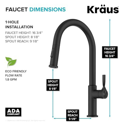KRAUS Torak Pull Down Kitchen Faucet in Matte Black with 2 Function Sprayer, Pre-Attached Water Lines, and Mounting Hardware, KPF-2840MB - color: Matte Black, style: Pull-Down Faucet