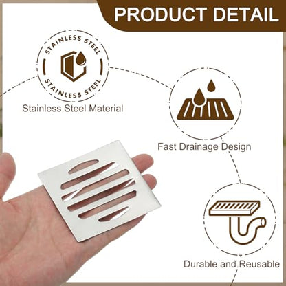 uxcell 2 Pcs Square Floor Drain Cover, Stainless Steel Shower Hair Catcher Drain Grate for Small Lawns, Bathroom Covers, Kitchen Floor Drains, Silver Tone(3 Inches) - size: 3 Inches