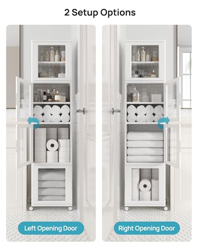Vtopmart 63.2" Tall Slim Bathroom Storage Cabinet with 4 Adjustable Shelves and 4 Doors, Freestanding Cabinets Organizer with Wheels and Anti-tip for Laundry, Kitchen, Pantry, White