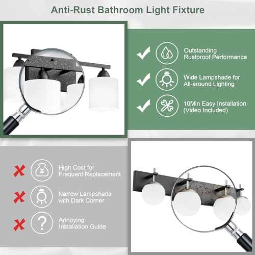 Black Bathroom Lighting Fixtures Over Mirror, 4-Light Anti-Rust Vanity Light for Bathroom, 24Inches Modern Wall Sconce, Standard E26 Base, Milky White Glass Shades, Bulbs Not Included - color: Black-4Light