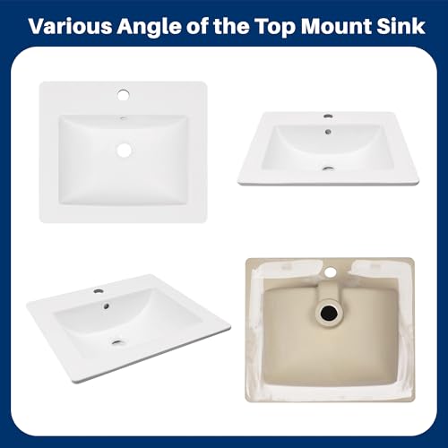 Enbol 21" x 18" Drop-In Bathroom Sink – White Ceramic Rectangular Semi Recessed Bathroom Vessel Sink Top Mount with Single Hole & Overflow (Model O2118） - style: 21.5" X 18.8"