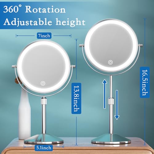 Vanity Mirror with Lights 7" Rechargeable 1x/10x Lighted Makeup Mirror Adjustable Height Double Sided Mirror with Lights 360°Rotating Makeup Mirror