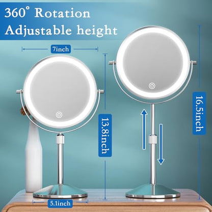 Vanity Mirror with Lights 7" Rechargeable 1x/10x Lighted Makeup Mirror Adjustable Height Double Sided Mirror with Lights 360°Rotating Makeup Mirror