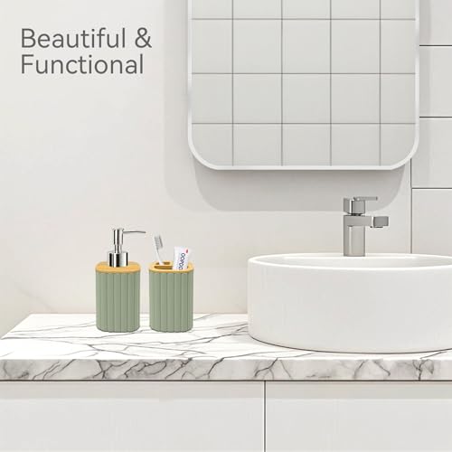 Bathroom Accessories Set, Sage Green Soap Dispenser and Toothbrush Holder | Bamboo Bathroom Sets Accessories, Bathroom Set Striped - color: Sage Green