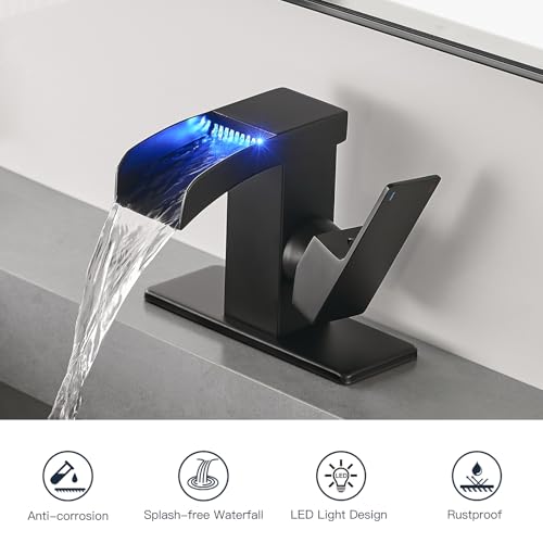 LED Waterfall Bathroom Faucet Bathroom Sink Faucet Vanity Faucets | Matte Black Single Hole 3 Colors Light Changing Single Handle Stainless Steel with cUPC Supply Lines