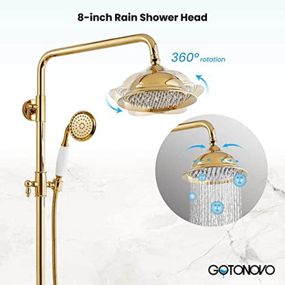 gotonovo Exposed Shower System with Spout,Polished Gold,No Shower Shelf | Brass Shower Faucet Set,8’’ Rain Head with Handheld Spray,Swivel Tub Spout,2 Cross Handle,6’’ Hole Distance,Adjustable Height - color: Bright Gold
