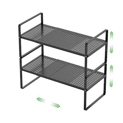 Expandable Cabinet Storage Shelf Stackable Organizer Rack for Kitchen Bathroom Pantry Spice Cupboard Coffee Countertop Home Office Desk Heavy Duty Nonslip Black Small 2 Packs - color: Black 2 Packs, size: Small - 8.1"W x (16.5"-27.1")L x 9.8"H