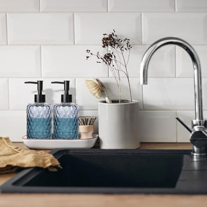 Clear Charcoal Blue Glass Soap Dispenser with Pump, 16oz Honeycombed Design Hand Soap Dispenser, Refillable Lotion & Dish for Dishwashing Liquid, Lotion - color: Honeycombed Blue Grey