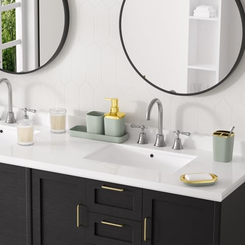 XLHOMO Sage Green Bathroom Set - 24PC Bathroom Sets with Shower Curtain and Rugs, Sage Green Bathroom Accessories Set with Press-on Lid Bathroom Trash Can, Soap Dispenser - color: Sage Green and Gold, size: Press-lid Complete Set+Bath Rugs