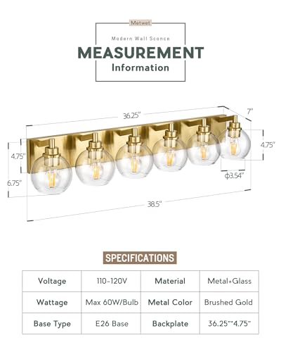 6-Light Brushed Gold Bathroom Vanity Light, Clear Glass Globe Shade | 38" modern bathroom light fixtures over mirror, E26 base, bulbs not included, VL195-BG-6 - color: Brushed Gold, Clear Glass, size: 6-light