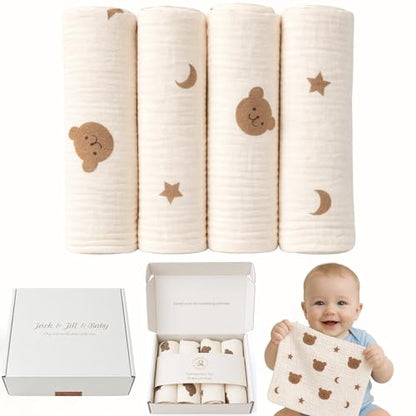 Jack & Jill & Baby Washcloths | 100% Cotton | Ultra-Soft Face Towels for Baby Boys and Girls | Bath Time and Burp Cloth Use | Baby Essentials | Absorbent Cloth Wipes | Pack of 4 (Snuggle Bear) - color: Snuggle Bear