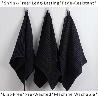 PÜSKÜL Natural 100% Turkish Cotton Waffle Kitchen and Hand Towels, 3-Piece | Black, 32x16" Large, Premium 3D Honeycomb Weave Soft Absorbent Quick-Dry Lint-Free Dish Towel, Oeko-Tex Made in Turkey - color: Black, size: Kitchen & Hand Towels Pack of 3