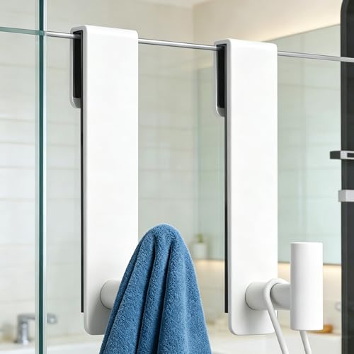 PMMASTO White 7.5-Inch Extended Shower Door Towel Hook, Fits 3/8-Inch Glass | Heavy-duty stainless steel, extended T-shaped design, for towels and bathrobes on frameless glass shower doors - color: White, size: 7.5 Inch-2 Pack, Fits 3/8" Thick Door