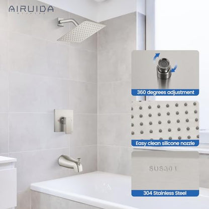 Airuida 8 Inch Shower Faucet Set,Bathtub Faucet Kit,Brushed Nickel | Shower Tub Faucet Set,Male Threads Rough-In Valve,Square Head Shower System - color: Nickel, size: 8 Inch