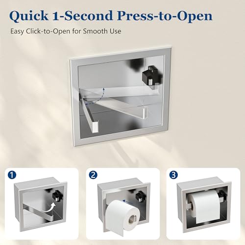 Qeke Recessed Toilet Paper Holder 304 Stainless Steel, Brushed Nickel | Rustproof Toilet Paper Holder Built-in, in Wall Tissue Paper Holder with Push-to-Open Rod for Bathroom & RV - color: Brushed Nickel