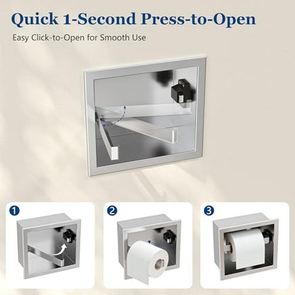 Qeke Recessed Toilet Paper Holder 304 Stainless Steel, Brushed Nickel | Rustproof Toilet Paper Holder Built-in, in Wall Tissue Paper Holder with Push-to-Open Rod for Bathroom & RV - color: Brushed Nickel