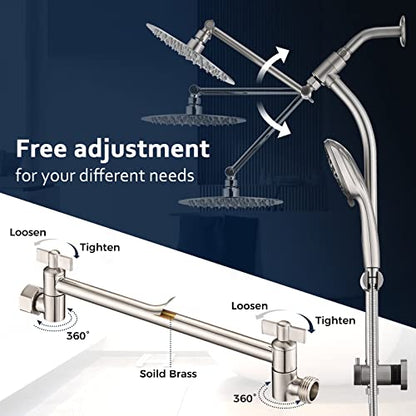 Rainfall 8 Inch Round Shower Head with High Pressure Handheld Spray Combo, Drill-Free Slide Bar with Adjustable Shower Extension Arm, 3-Way Diverter for Easy Reach, 5Ft Hose- Brushed Nickel - color: Brushed Nickel