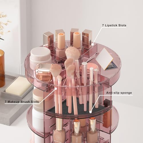 Jiavarry 360 Rotating Makeup Organizer with DIY 8 Adjustable Height, Pink | Lipstick Slots, Spinning Skincare, Brush and Perfume Storage, for Vanity Bathroom Countertop - color: Slot Top Pink