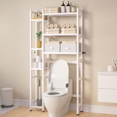 Homde Bamboo Over The Toilet Storage Organizer: Basket and Drawer (White) | Bathroom Rack with Adjustable Shelf & Waterproof Feet Pad - Space Saver Organizer for Restroom Laundry - color: White