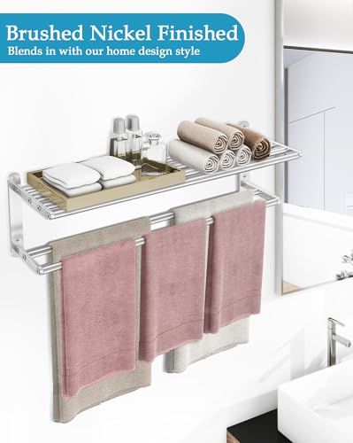 VOTZAAQ 32 in Towel Racks for Bathroom, Bath Towel Shelf with Double Towel Bar, Stainless Steel Towel Storage for Lavatory Wall Mounted, 2-Tier Towel Hanger Towel Holder, Brushed Nickel - size: 32in