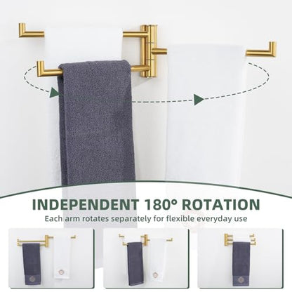 Aomasi Brushed Gold Swivel Towel Bar with Multi 3 Arms, 304 Stainless Steel | Rust-resistant Pivoting Drying Rack for Bathroom Kitchen RV, 180° Swing Arms, Hold Multiple Towels, Space-saving Wall Mounted - color: Brushed Gold