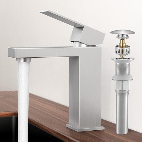 KES All Metal Brushed Nickel Bathroom Sink Faucet with Sink Drain NO Overflow, 1 Hole Single Handle Bathroom Vanity Faucet, Stainless Steel, cUPC NSF Certified, L3156ALFF12-BS-C2 - color: Brushed Steel, style: w/ Drain (NO Overflow) - Short Faucet