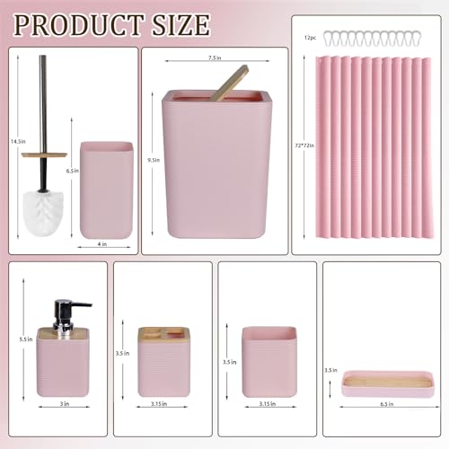 CERBIOR Bamboo Bathroom Accessory Set with Shower Curtain,Pink,20PCS | Spiral Set Includes Shower Curtain,Soap Dispenser, Toothbrush Holder, Toothbrush Cup, Soap Dish for Decorative and House Gift - size: Bath Set+Shower Curtain, style: Pink
