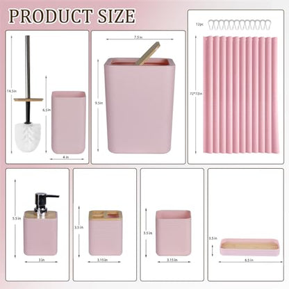 CERBIOR Bamboo Bathroom Accessory Set with Shower Curtain,Pink,20PCS | Spiral Set Includes Shower Curtain,Soap Dispenser, Toothbrush Holder, Toothbrush Cup, Soap Dish for Decorative and House Gift - size: Bath Set+Shower Curtain, style: Pink