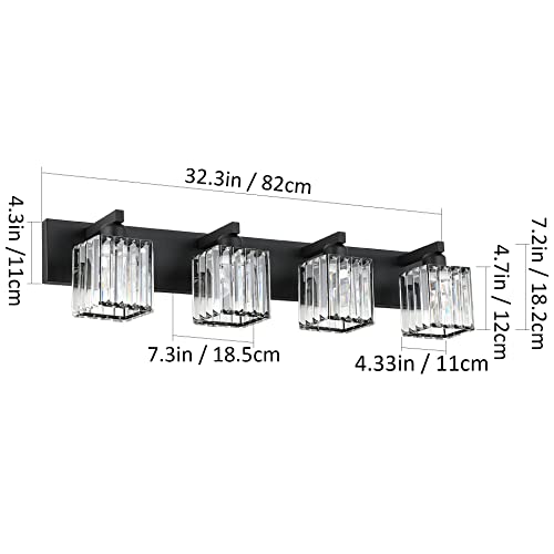 Aipsun Black Light Fixtures Bathroom Vanity Light Crystal Modern Vanity Light for Bathroom 4 Light (Exclude Bulb) - color: Black, size: 32 inch