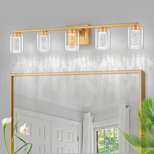 SineRise 5-Light Gold Vanity Light with 3 Color Modes (3000K/4000K/6000K), Eye Protection LED Bathroom Light Fixture, Dimmable Modern Wall Light Over Mirror with Clear Glass Shade - color: Gold, size: 5-light