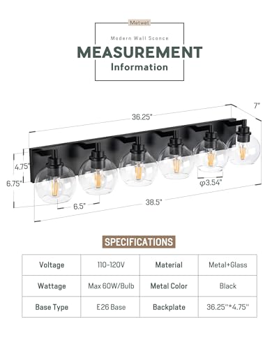 6-Light Matte Black Bathroom Vanity Light, Clear Glass Globe Shade | 38" modern bathroom light fixtures over mirror, E26 base, bulbs not included, VL195-MB-6 - color: Black, Clear Glass, size: 6-light