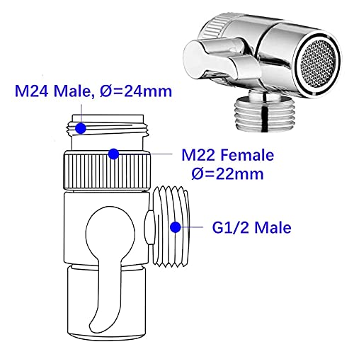 Faucet Diverter Valve with Aerator, 3-Way Diverter Valve for Hand Held Shower, Sink Faucet Splitter for Kitchen and Bathroom, with M22/M24/M26/F28/G1/2" Adapters - color: Sliver with 5 Adapters