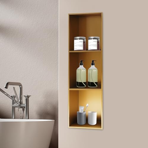 Recessed Shower Storage Shelf, 3-Tier Stainless Steel Niche Brushed Nickel, No Tiles Required, 35.4" H X 11" L Vertical Bathroom Storage Rack for Shampoo Soap (Titanium Gold) - color: Titanium Gold