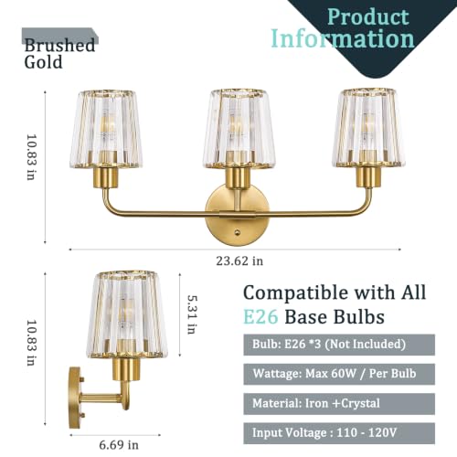 Brushed Gold Vanity Lights, 3-Light Crystal Bathroom Light Fixtures | Modern Bathroom Vanity Light E26 Wall Light over Mirror (Exclude Bulb) - color: Brushed Gold, size: 3-Light