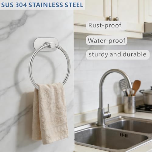 Self-Adhesive Towel Ring, No Drill Stainless Steel Round Hand Towel Holder, Rustproof Waterproof Towel Hanger with Strong Sticky Base, Wall-Mounted Towel Loop for Bathroom Kitchen (Brushed Nickel) - color: Brushed Nickel