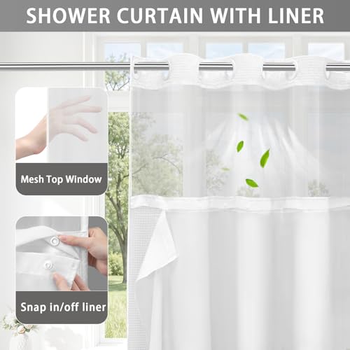 No Hook Shower Curtain with Liner Set Hotel Waffle Curtain White 72W X 75L | Washable Snap in Fabric Liner, Mesh Top Window, Waffle Hotel Style Shower Curtain Set - color: White, size: Standard 72"W x 75"L