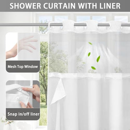 No Hook Shower Curtain with Liner Set Hotel Waffle Curtain White 72W X 75L | Washable Snap in Fabric Liner, Mesh Top Window, Waffle Hotel Style Shower Curtain Set - color: White, size: Standard 72"W x 75"L