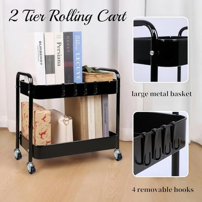 2 Tier Metal Rolling Utility Cart with Wheels Under Desk Storage Cart with Handle, Roll Around Organizer Trolley for Small Space Pantry Bathroom Home Kitchen Office Snack Baby Supplies, Black - color: Black