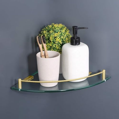 Glass Corner Shelf Bathroom Shelf Tempered Glass with Rail SUS 304 Stainless Steel Floating Wall Mount Bracket Brushed Nickel