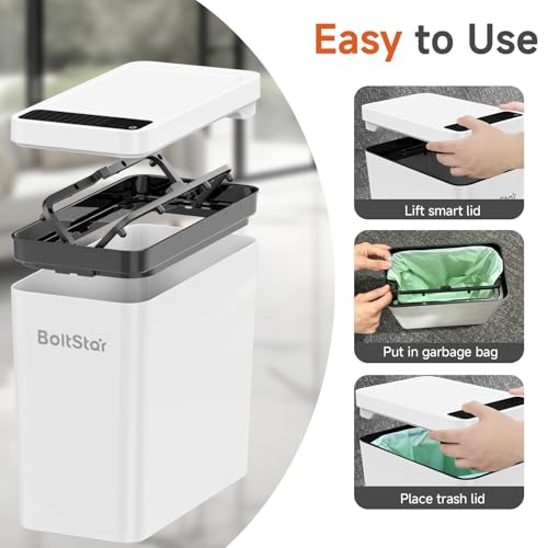 Solar Automatic Bathroom Trash Can: 2.6 Gallon Small Motion Sensor Garbage Can, No Charging Required, Slim Smart Touchless Trash Bin with Lid for Bedroom, Living Room, Office, RV, White - size: 2.6 gallons