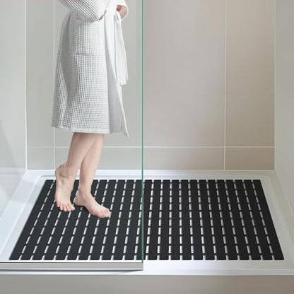 OTHWAY Large Shower Mat, 35.4 x 24 Inch No Suction Cup Shower Mat Non Slip, Quick Drain Non Slip Shower Mats for Inside Shower, Heavy Duty Curlable PVC Stand up Shower Floor Mat, Black - color: Black