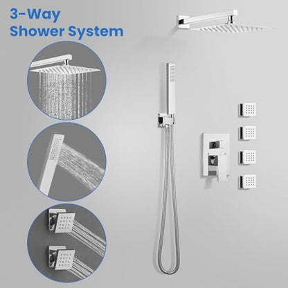 gotonovo Rainfall Shower System with Full Body Jets 4pcs Polished Chrome | 12’’ Rainfall Shower Head with Handheld Spray Combo,Wall Mount,Rough-in Valve and Trim Kit,Brass Body Message Jets,All Metal - color: Chrome