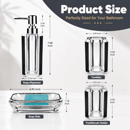 LGURT 4pc Crystal Acrylic Bathroom Set, Brushed Black Soap Dispenser | Soap dish, rinse cup & holder, with brushed black accent. For apartment, guest bath, or vanity countertop. - color: Black