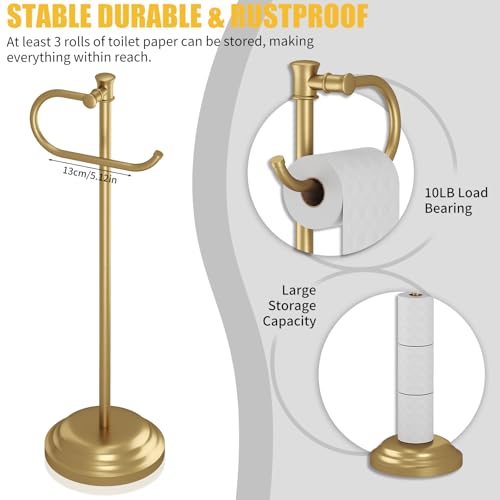 Toilet Paper Holder Floor Stand, Bathroom Freestanding Gold | Toilet Tissue Roll Holder, Free Standing Rack with Storage, Weighted Base Accessories, SUS304 Stainless Steel Rustproof - color: Gold