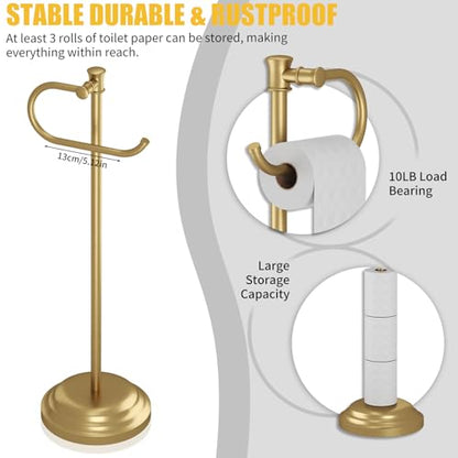 Toilet Paper Holder Floor Stand, Bathroom Freestanding Gold | Toilet Tissue Roll Holder, Free Standing Rack with Storage, Weighted Base Accessories, SUS304 Stainless Steel Rustproof - color: Gold