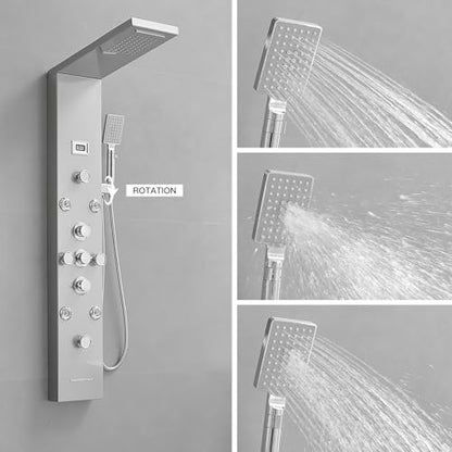 BWE Shower Panel Tower System with Rainfall Waterfall Head | Adjustable Massage Body Jets, Temperature Display Wall Mount Shower Column, Stainless Steel Brushed Nickel and Chrome