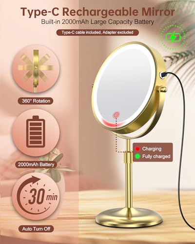 7" Lighted Makeup Mirror with 3 Color Lights & 10X Magnification, Adjustable Brightness & Height, 360° Swivel Rechargeable 10X LED Magnifying Vanity Mirror with Light, Gold - color: Gold