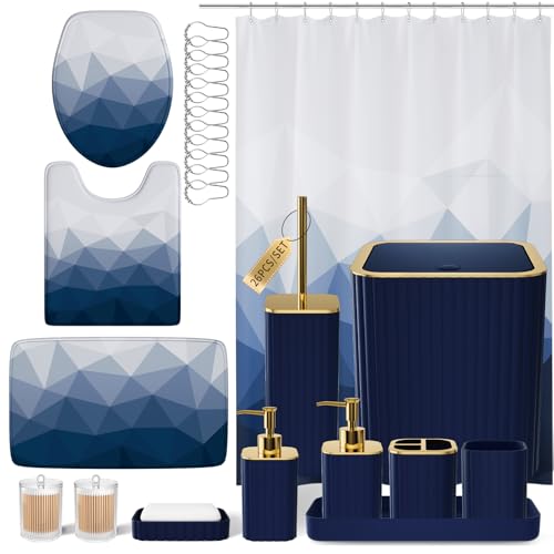 XLHOMO Bathroom Accessory Set - 26PC Bathroom Shower Curtain and Rug Set, Bathroom Accessories Set, Navy Blue Bathroom Set with Trash Can, Toilet Brush, Qtip Holder & Soap Dispenser - style: Navy Blue