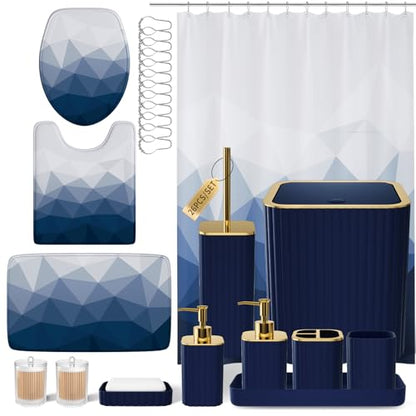 XLHOMO Bathroom Accessory Set - 26PC Bathroom Shower Curtain and Rug Set, Bathroom Accessories Set, Navy Blue Bathroom Set with Trash Can, Toilet Brush, Qtip Holder & Soap Dispenser - style: Navy Blue